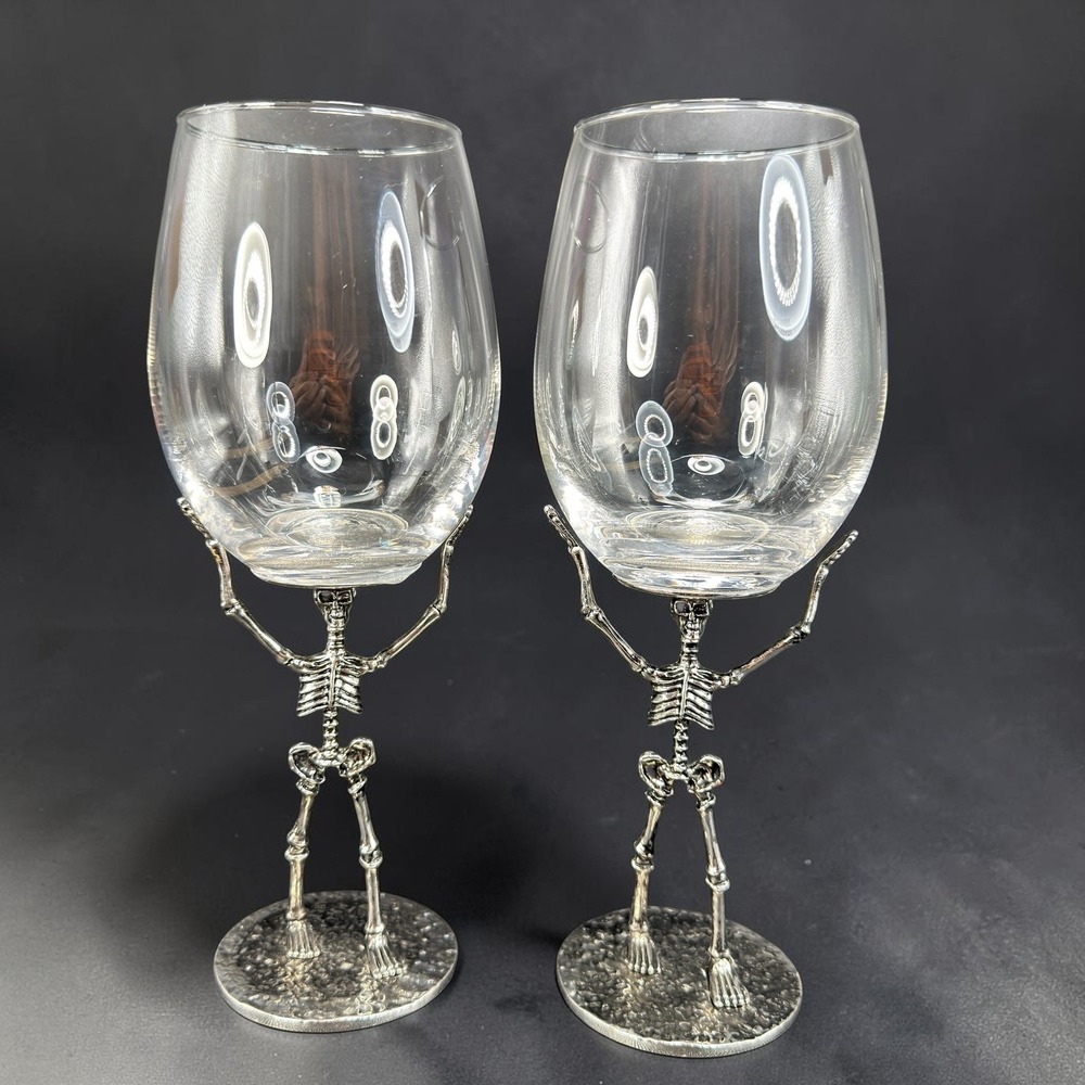Skeleton Glasses Set of 2 Halloween Gothic Stemware Silver Tone Metal Base 9.5"